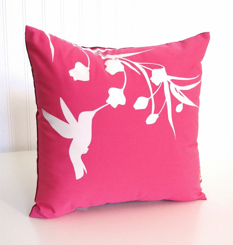 Hot Pink Hummingbird with Eucalyptus Mini 10.5 Inches Square Pillow image 1