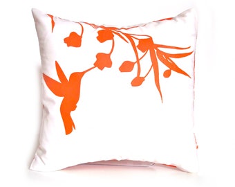 Orange Print on White Cotton Hummingbird with Eucalyptus - Mini 10.5 Inches Square Pillow