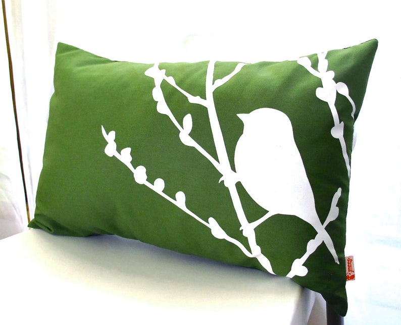 Grass Green Bird on Cherry Blossom Rectangle Pillow image 1