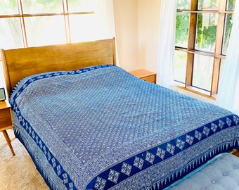 Hmong Indigo Hand Block Batik Element Pattern Bed Sheet Cover - Queen Size Cotton Bed Cover, Bohemian Bedding - Free Shipping in U.S.