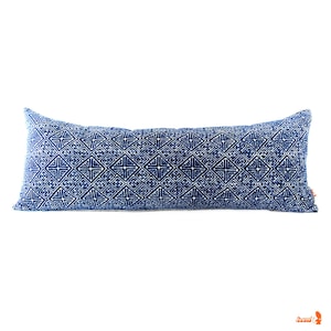 Hmong Indigo Hand Block Batik Textile Long Lumbar Zipper Pillow - Bohemian Lumbar Pillow