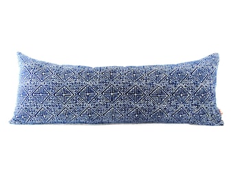 Hmong Indigo Batik Lumbar Pillow: Bohemian Hand Block Textile