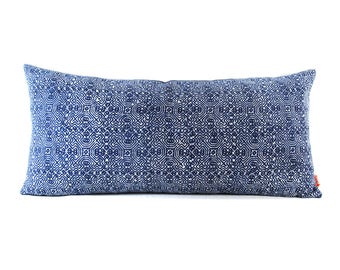 Blue Indigo Batik Lumbar Pillow - Bohemian Rectangle Pillow - Boho Linen Decorative Pillow- Down Filler Included