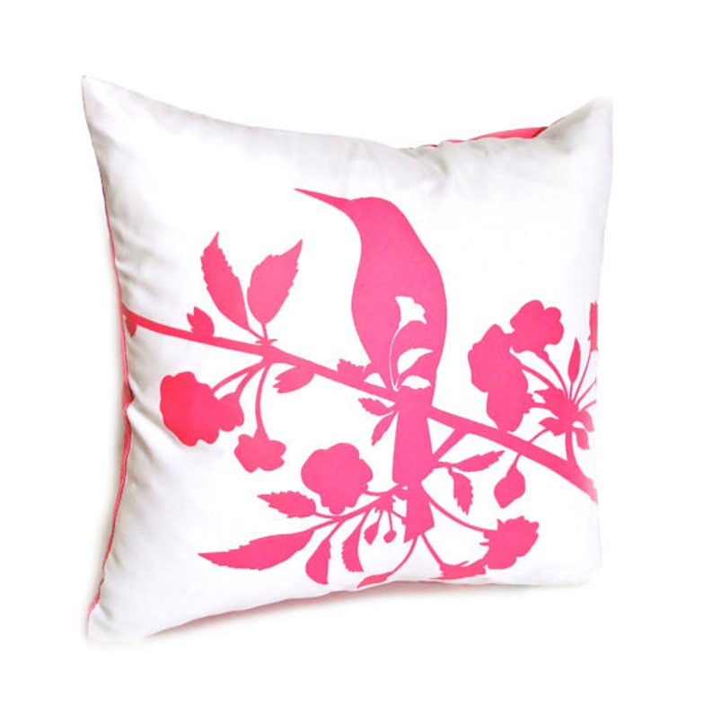 Hot Pink Print on Off white Blooming Blossom-Mini 10.5 Inches Square Pillow image 3