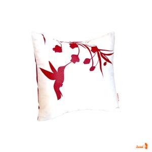 Red Print on White Cotton Hummingbird with Eucalyptus Mini 10.5 Inches Square Pillow image 2