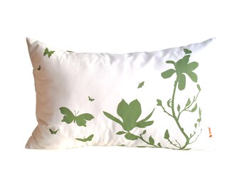 Cuscino Magnolia e Farfalla: Stampa Verde Oliva, Cuscino Lombare in Cotone