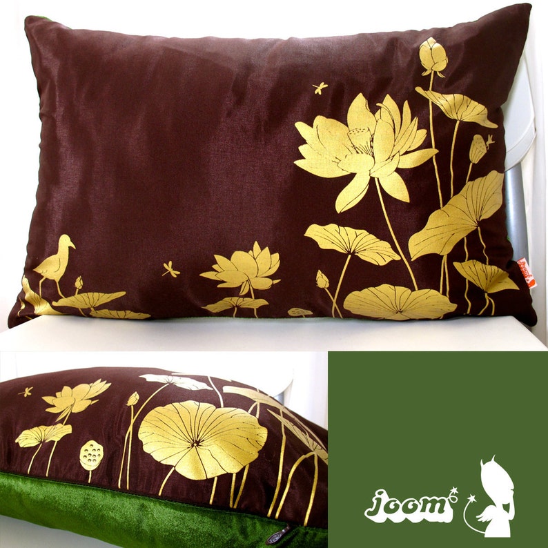 Limited Time Sale Lotus Pond Pillow with Olive Green Velvet Backing image 2