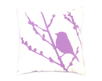 Lavender Print on White Cotton Bird on Cherry Blossom Mini 10.5 Inches Square Pillow