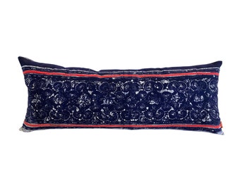 Vintage Hmong Navy Blue Indigo Batik with Lace Pattern and Red Stripes Quilt Lumbar Rectangle Pillow - Boho Linen Decorative Pillow