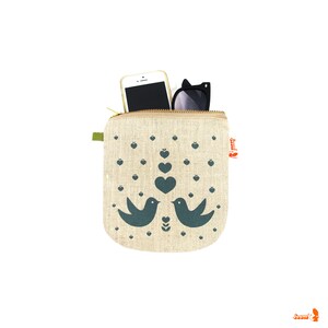 Lovebirds Linen Zipper Pouch Green