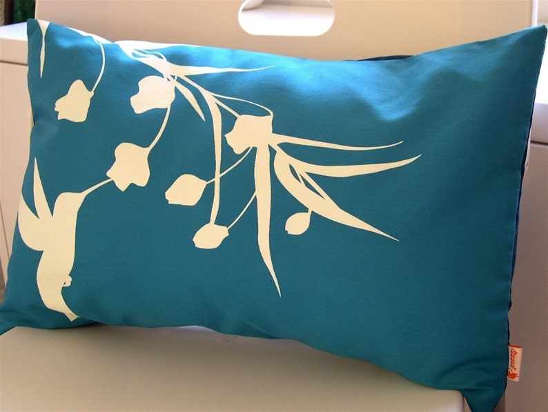 SALE-Teal Hummingbird with Eucalyptus Rectangle Pillow image 5