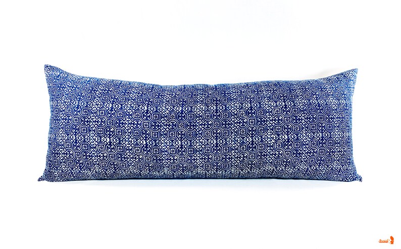 Hmong Hand Block Batik Indigo Long Lumbar Zipper Pillow Bohemian Long Lumbar Pillow image 2