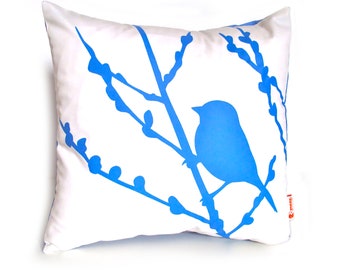 Royal Blue Print on White Cotton Bird on Cherry Blossom Mini 10.5 Inches Square Pillow