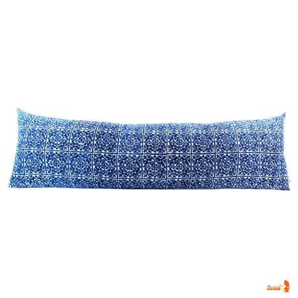 Hmong Indigo Hand Block Batik Textile Long Lumbar Zipper Pillow - Long Lumbar Pillow