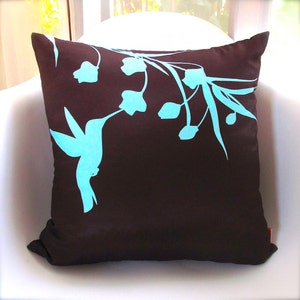 Limited Time Sale Robins Egg Blue Print on Brown Silk Hummingbird with Eucalyptus 16 inches Square Pillow READY TO SHIP image 2