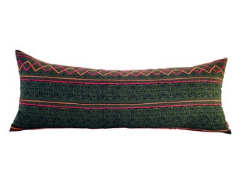 Olive Green Hmong Printed Hill Tribe Embroidered Long Lumbar Pillow - 14" x 36" Bohemian Linen Pillow.