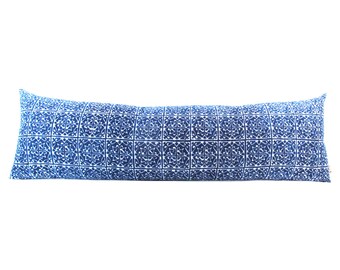 Hmong Indigo Hand Block Batik Textile Long Lumbar Zipper Pillow - 11" x 36" Long Lumbar Pillow