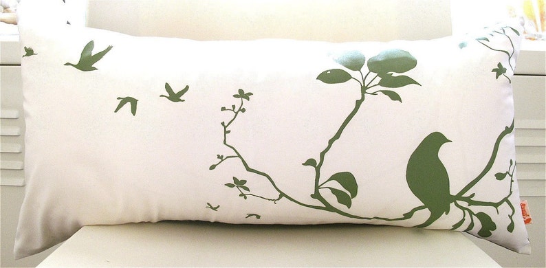 Olive green Print on Off white Flying By Rectangle Pillow image 2