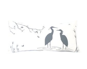 Egret Lovers Lumbar Pillow: Dark Grey Print, Natural Home Decor