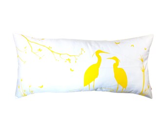 Yellow Print on Off White Cotton Egret Lovers in the Swamp Rectangle Pillow