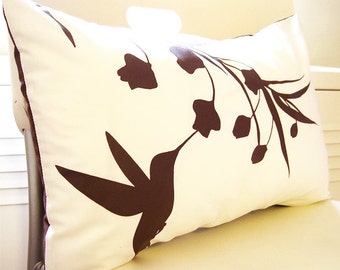 Brown Print on Off White Cotton Hummingbird with Eucalyptus Rectangle Pillow