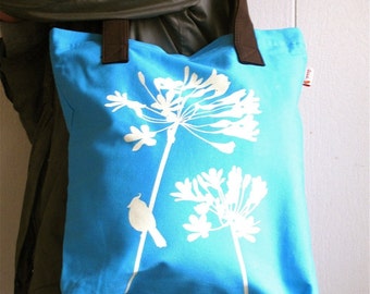 SALE Aqua Blue Cardinal on Agapanthus Shoulder Tote Bag