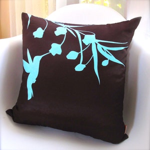 Limited Time Sale Robins Egg Blue Print on Brown Silk Hummingbird with Eucalyptus 16 inches Square Pillow READY TO SHIP image 3