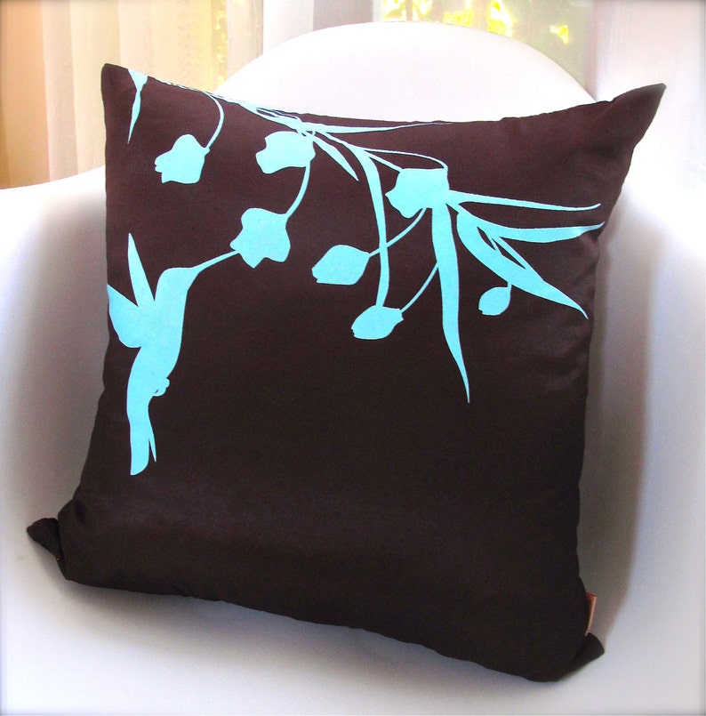 Limited Time Sale Robins Egg Blue Print on Brown Silk Hummingbird with Eucalyptus 16 inches Square Pillow READY TO SHIP image 3