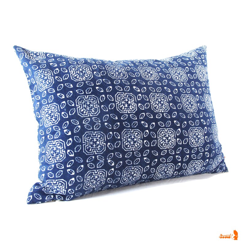 Blue Batik Indigo Hmong Textile Linen Rectangle Pillow Boho Linen Decorative Pillow image 2