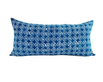 Hmong Indigo Hand Block Batik Textile Flower Pattern Long Lumbar Zipper Pillow - 11" x 23" Long Lumbar Pillow