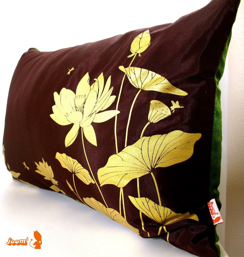 Limited Time Sale Lotus Pond Pillow with Olive Green Velvet Backing image 1