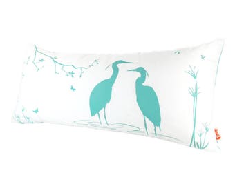 SALE - Mint Green Print on Off White Cotton Egret Lovers in the Swamp Rectangle Pillow