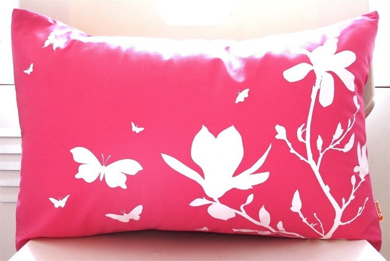 Limited Time Sale Hot Pink Magnolia and Butterflies Rectangle Pillow image 3