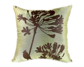 Limited Time Sale Olive Green Cardinal on Agapanthus 17 Inches Square Faux Silk Pillow Cover