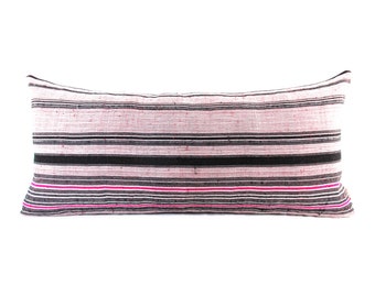 Vintage Hmong Hill Tribe Hand Woven Striped Pink Hemp Lumbar Pillow - Hmong Hemp Linen Rectangle Pillow