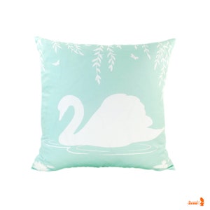 White and Pastel Light Blue Swan in the Swamp 18 inches Square Linen Pillow Cover