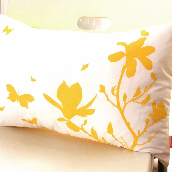 Yellow Print on Off White Cotton Magnolia and Butterfies Rectangle Pillow