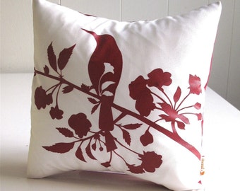 SALE Red Print on Off white Blooming Blossom-Mini 10.5 Inches Square Pillow