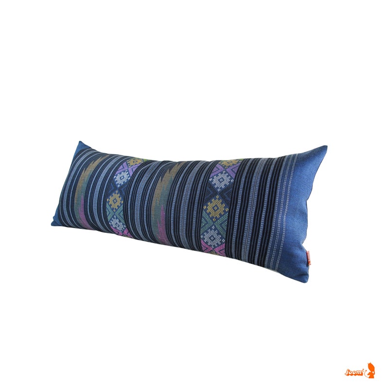 Prussian Blue Water Flow Pattern Hand Woven Textile Lumbar Pillow 12 x 30 Tapestry Weaving Boho Pillow. image 3