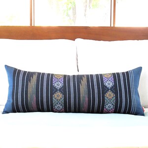 Prussian Blue Water Flow Pattern Hand Woven Textile Lumbar Pillow 12 x 30 Tapestry Weaving Boho Pillow. image 10