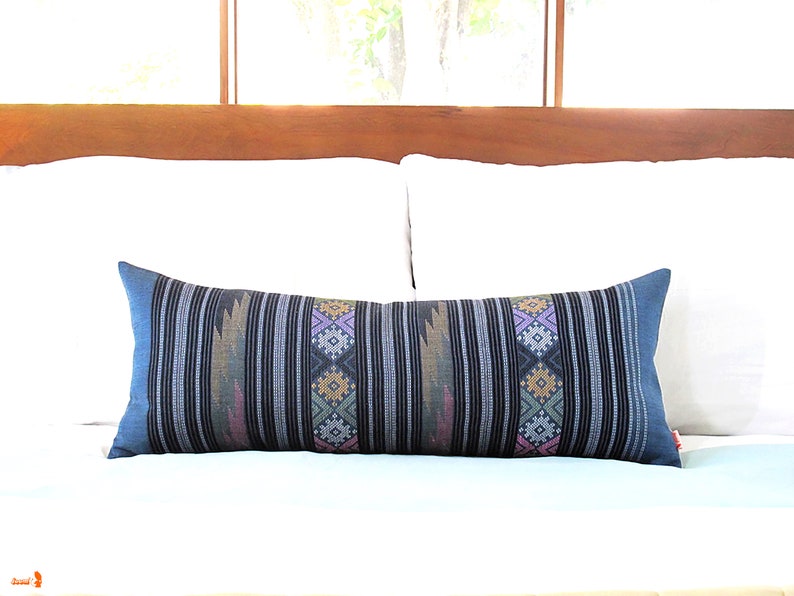 Prussian Blue Water Flow Pattern Hand Woven Textile Lumbar Pillow 12 x 30 Tapestry Weaving Boho Pillow. image 10