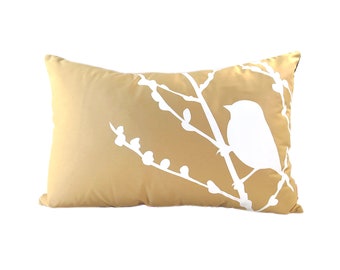 Light Brown Bird on Cherry Blossom Rectangle Pillow