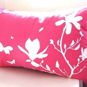 Limited Time Sale Hot Pink Magnolia and Butterflies Rectangle Pillow image 1