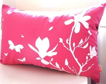 Limited Time Sale Hot Pink Magnolia and Butterflies Rectangle Pillow