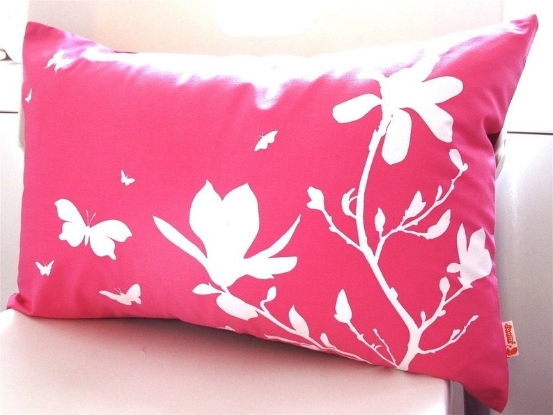 Limited Time Sale Hot Pink Magnolia and Butterflies Rectangle Pillow image 1