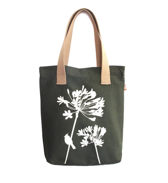 Cardinal Agapanthus Print Tote Bag - Army Green Canvas
