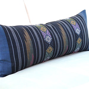 Prussian Blue Water Flow Pattern Hand Woven Textile Lumbar Pillow 12 x 30 Tapestry Weaving Boho Pillow. image 8