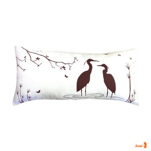 Dark Brown Print on Off White Cotton Egret Lovers in the Swamp Rectangle Pillow