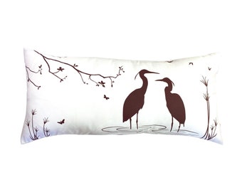 Dark Brown Print on Off White Cotton Egret Lovers in the Swamp Rectangle Pillow