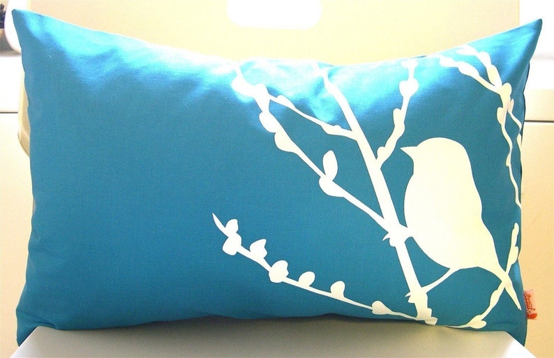 Teal Bird on Cherry Blossom Pillow image 2